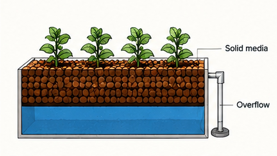 Diagram showing a constant-water aquaponics bed with solid media, submerged water zone and overflow