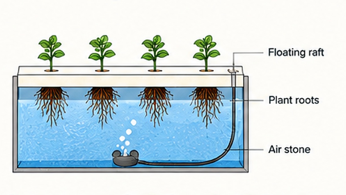 Diagram showing plants growing through a floating foam raft with roots hanging into aerated aquaponics water