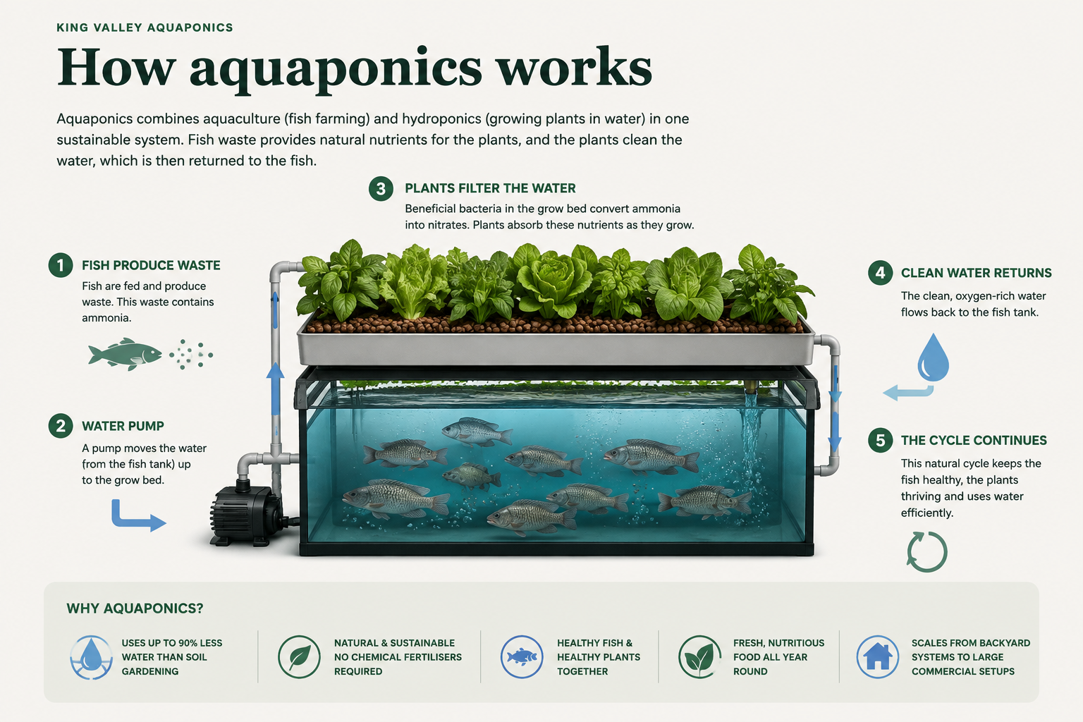 Diagram explaining the aquaponics cycle from fish waste through beneficial bacteria and plants to returning water
