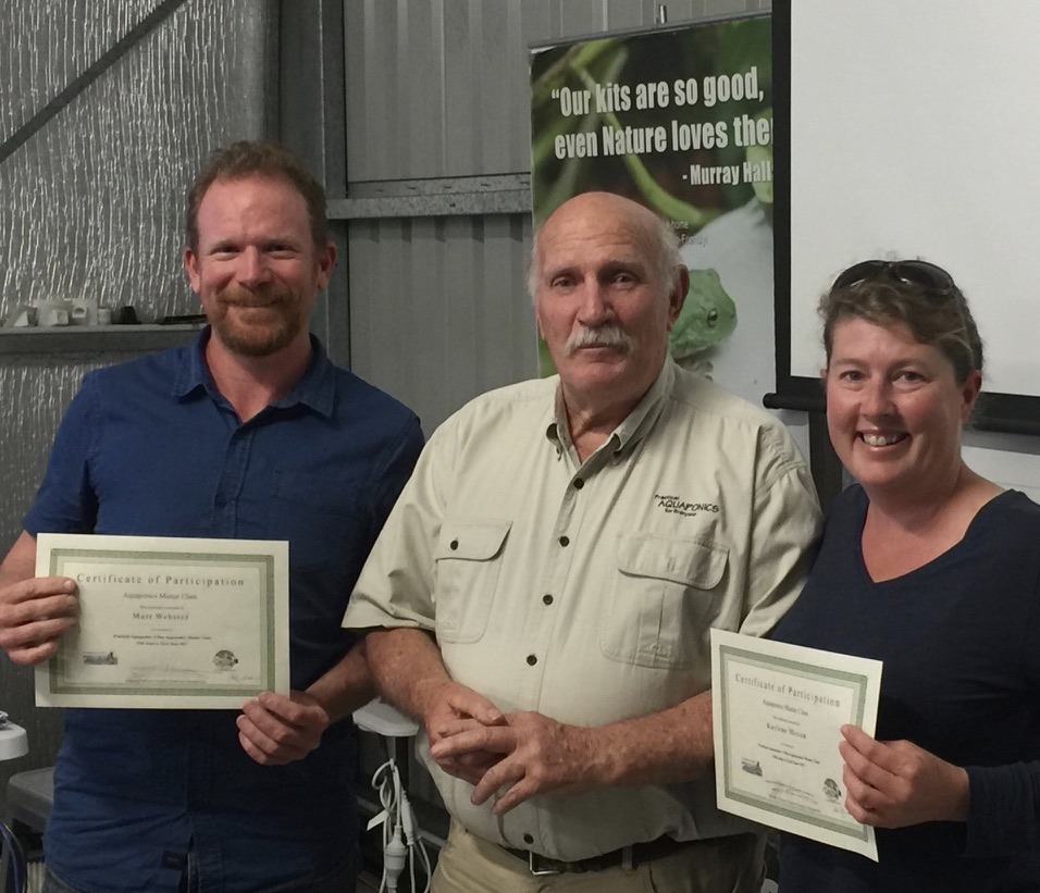 Matthew, Murray Hallam and Kaylene after aquaponics Master Class training